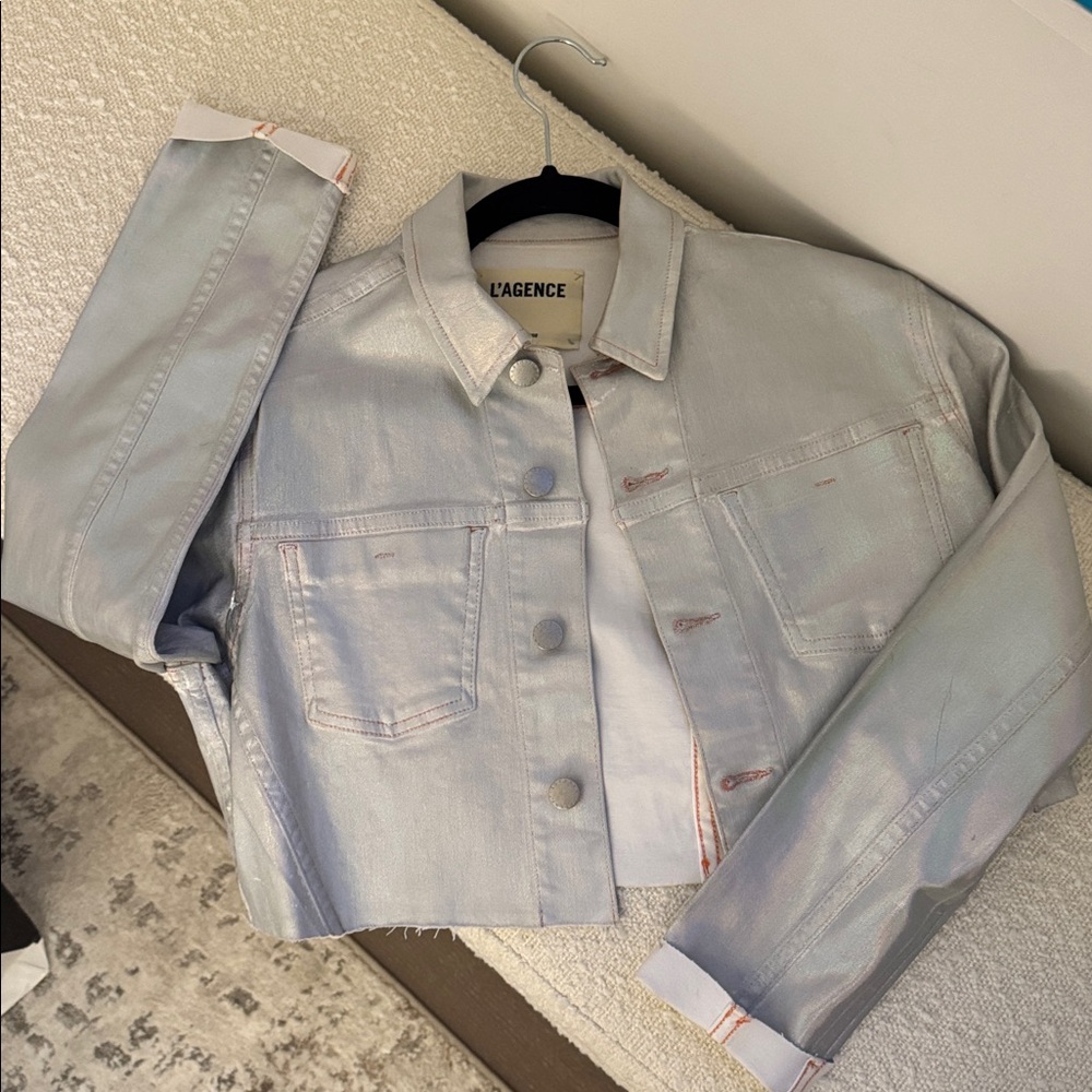L'AGENCE Shimmering Silver Cropped Jacket